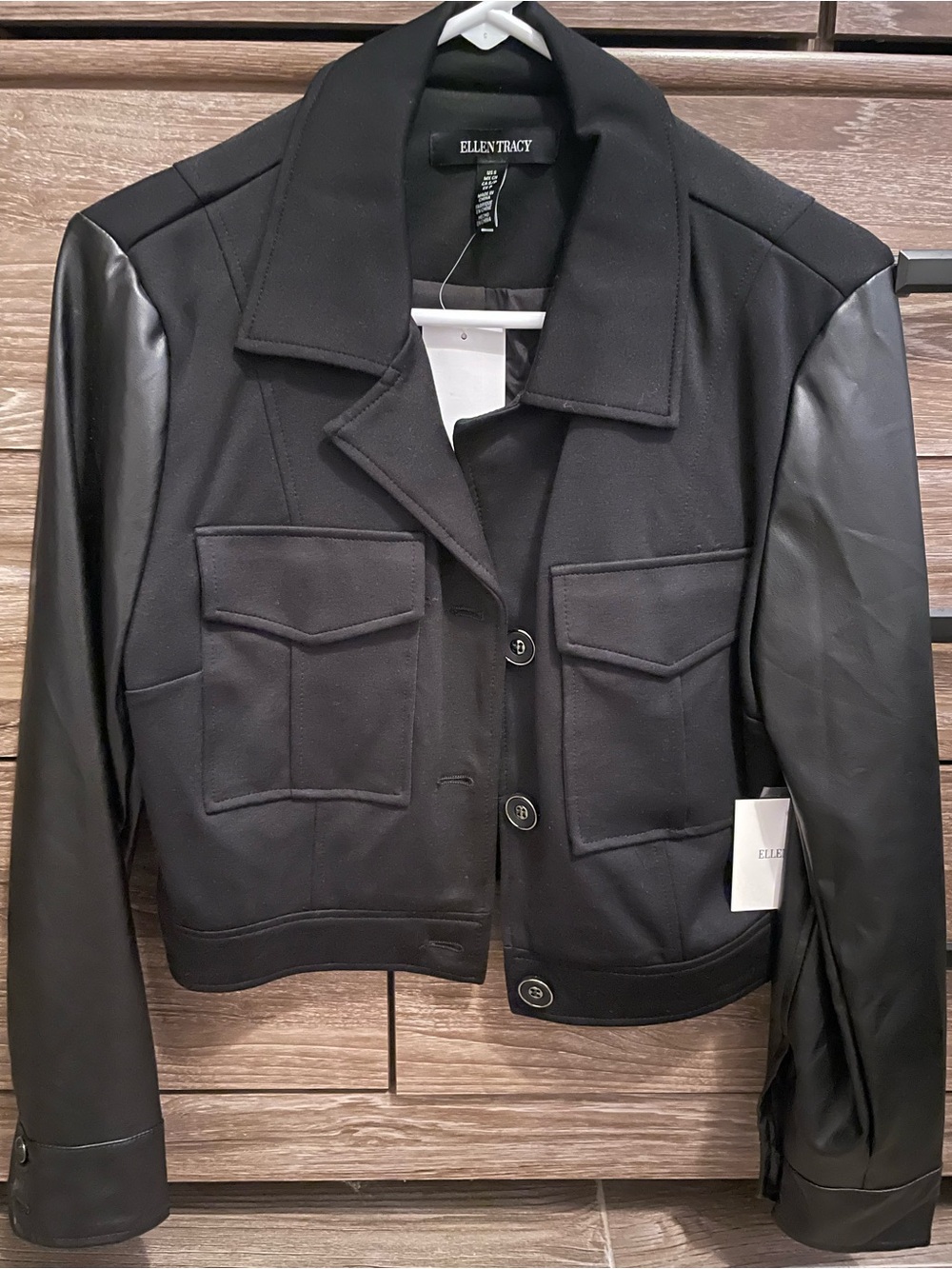 Ellen Tracy Black Mixed-Media Cropped Jean Jacket